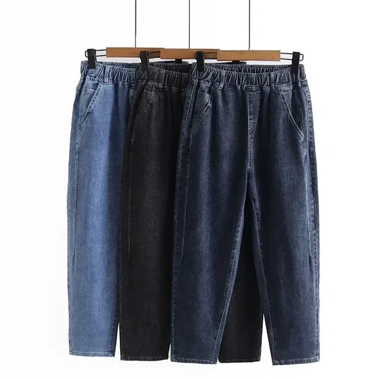 L-6XL plus tamanho grande calças de brim largas mulheres cintura alta jeans mulher mãe jeans solto denim harem calças cintura elástica azul