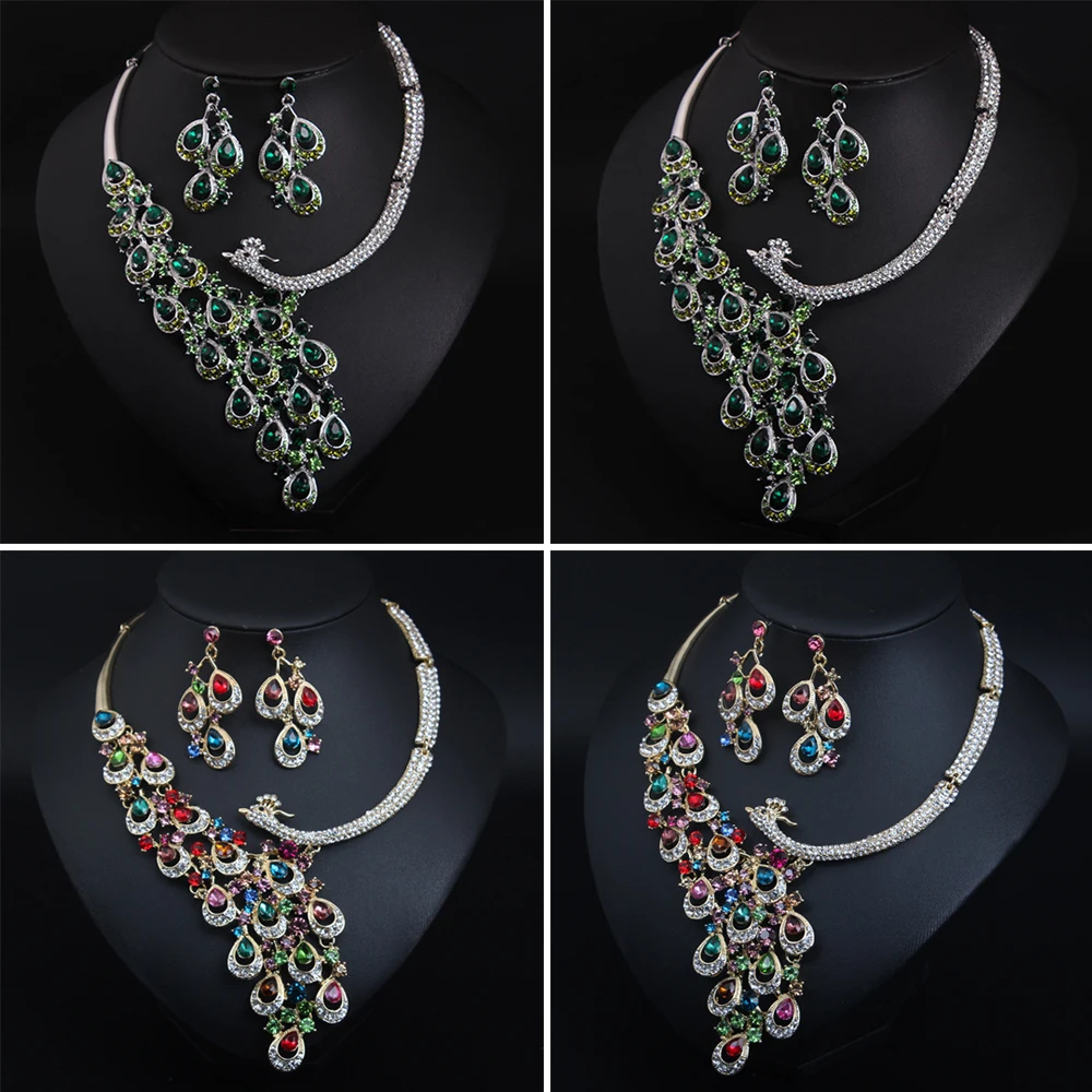 

AB цвета горный хрусталь павлин свадебный комплект ювелирных изделий кристалл массивное ожерелье серьги свадебная вечеринка женское Нигерия колье африканское