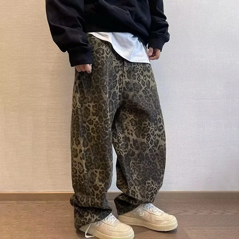 Men Loose Casual Y2k High Quality Jeans American Stylish Leopard Trouser Designer Harajuku Denim Pants Youth Popular Oversize