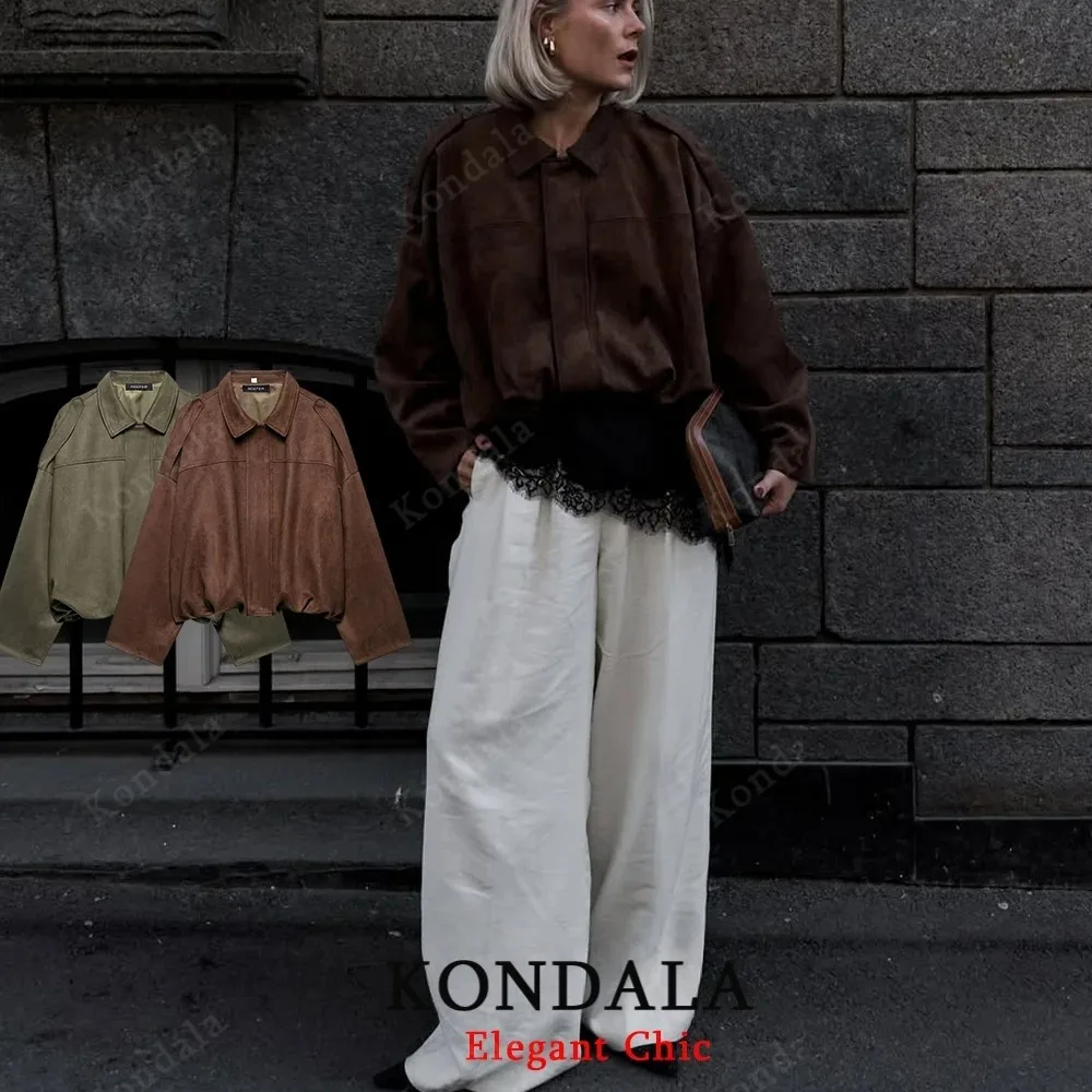 

KONDALA Women Vintage Brown Loose Jacket Lapel Zipper Bomber Jacket 2025 Autumn Winter Fashion High Street Commute Lady Jacket