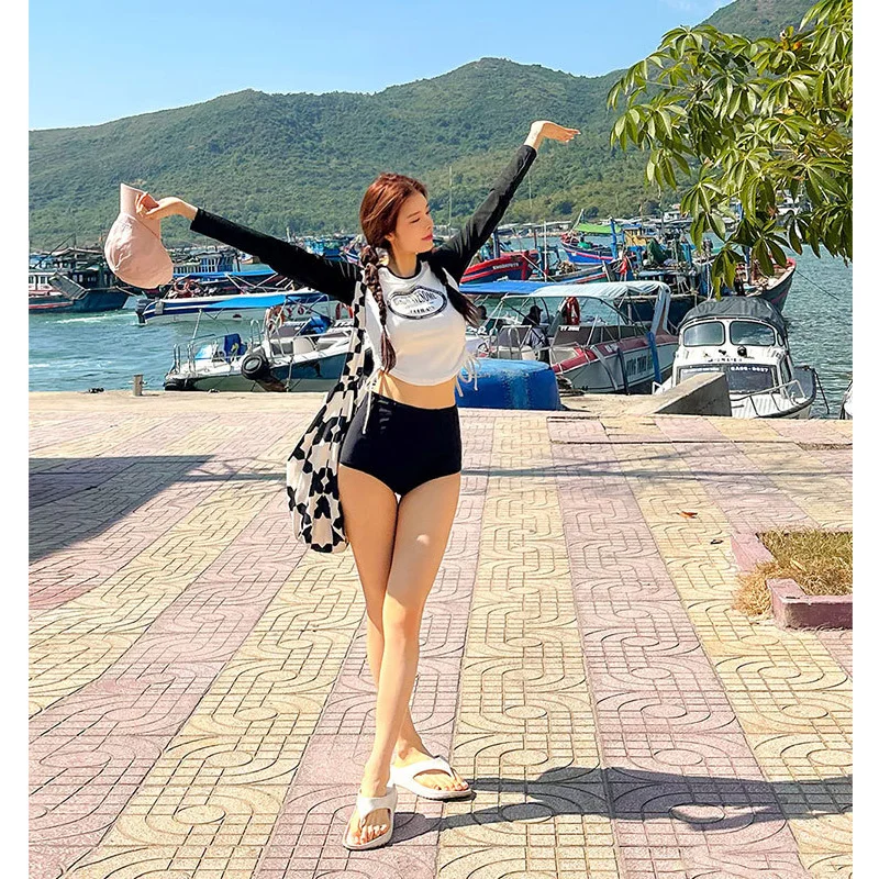 Women\'s 2pcs/set Long Sleeves Rash Guards Athletic Swim Aztec Tankini Swimsuit Swimwear Side Draw string Shirt+Boyshorts