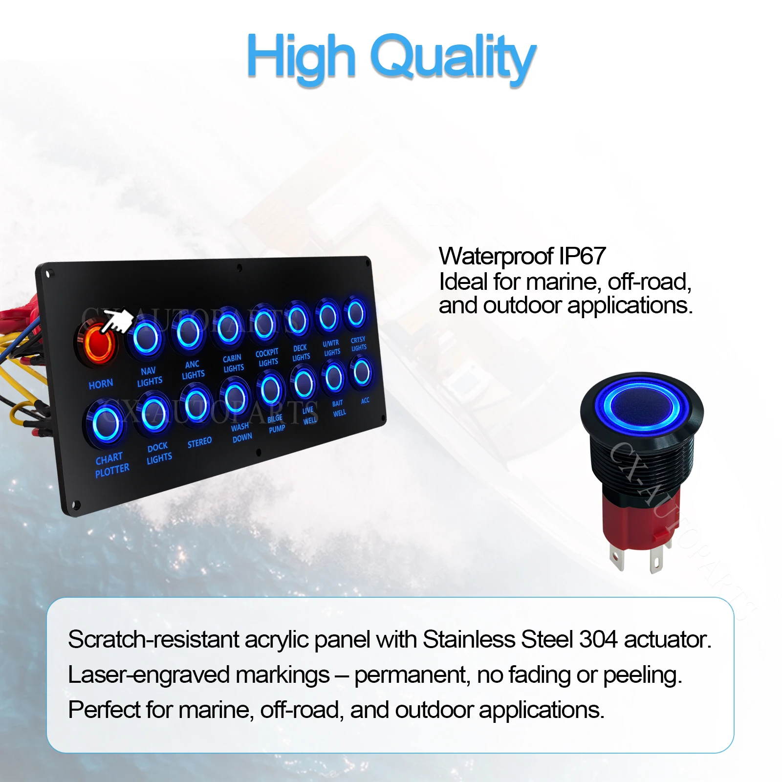16 Way Marine Switch Panel Acrylic Plate Blue LED Waterproof for Horn Nav Anc Cabin Docking Lights Bilge Pump Live Well