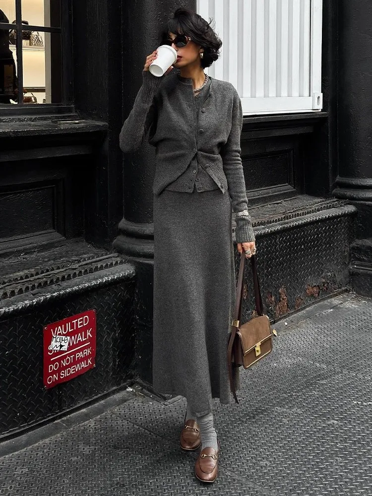High Waist Cardigan Skirt Three Piece Set round Neck Knitted PVC Straight Leg Pants High Waist Fitted Top Bottom Outfit Set