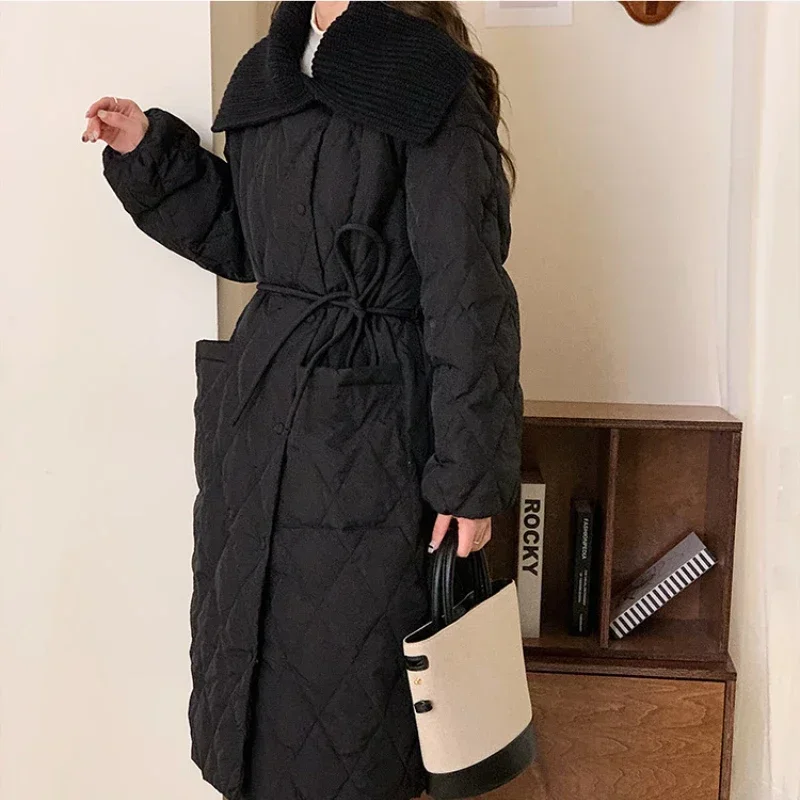 Long Women Winter Coat Diamond Grid with Belt Down Jacket Knitted Collar Patchwork Quilted Jackets Chic Single Breasted Pocket