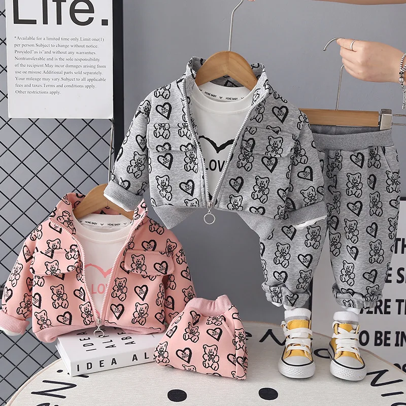 Spring Autumn New Boys and Girls Full-printed Zipper Shirt Long-sleeved Three-piece Baby Casual Trousers Set