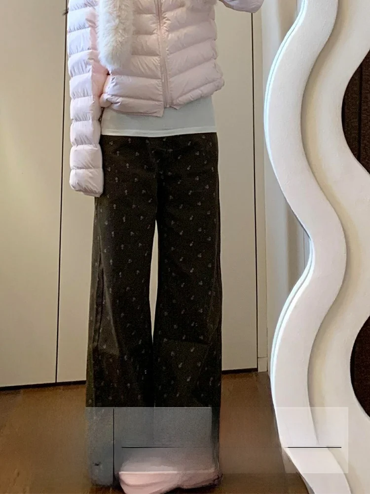 

Широкие джинсы прямого кроя в стиле ретро с цветочным принтом, женские осенне-зимние эластичные брюки с высокой талией для тела с грушевым вырезом