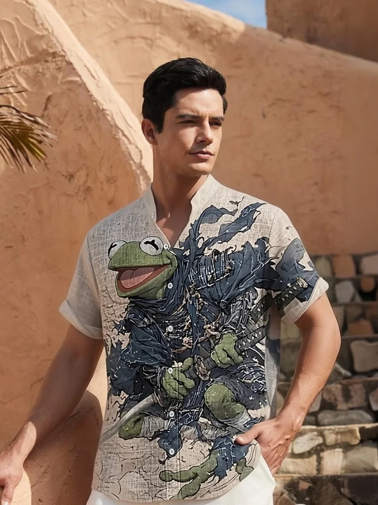 

Japanese Frog Printed Shirts Vintage Short Sleeve Single Breast Button Down Tops Casual Loose Stand Collar Man Clothings Chic