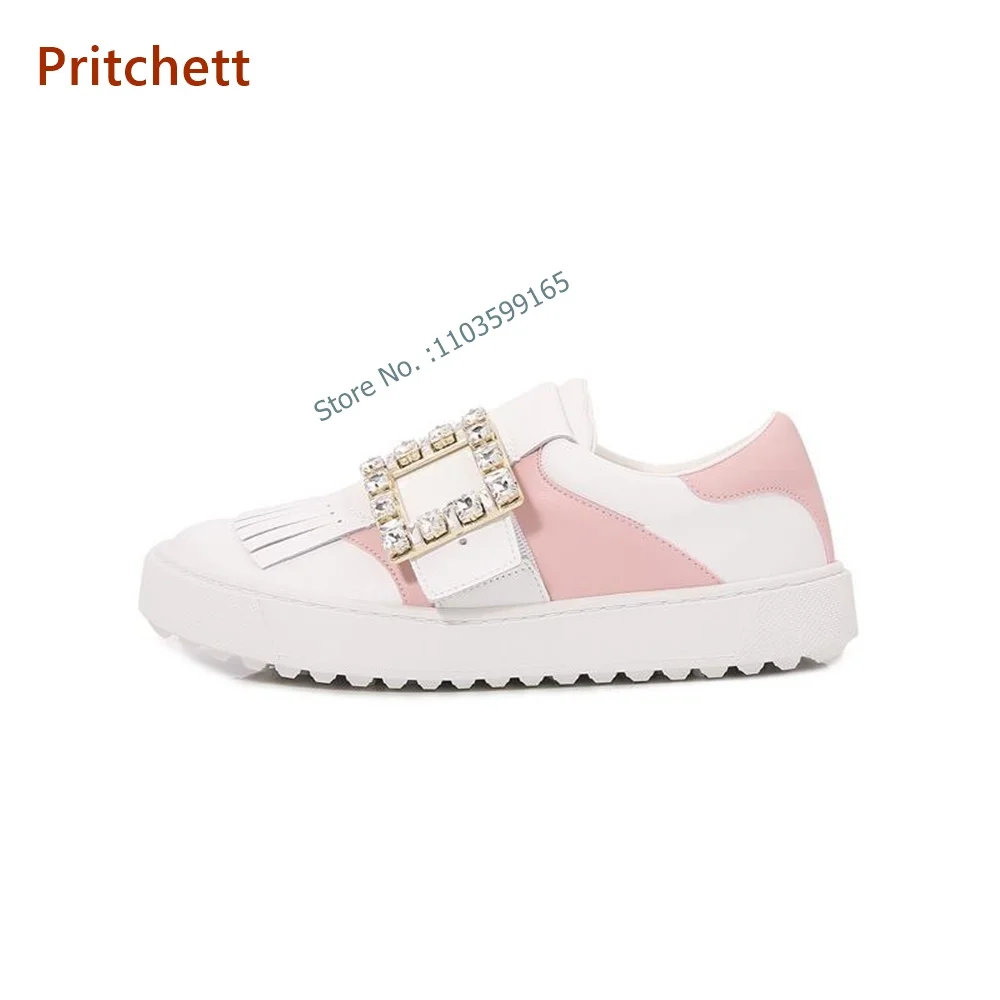 

Round Toe Crystal Pumps Flat with Mixed Color Metal Buckle Strap Fringe Women's Shoes Spring Shallow Light Color Concise Pumps