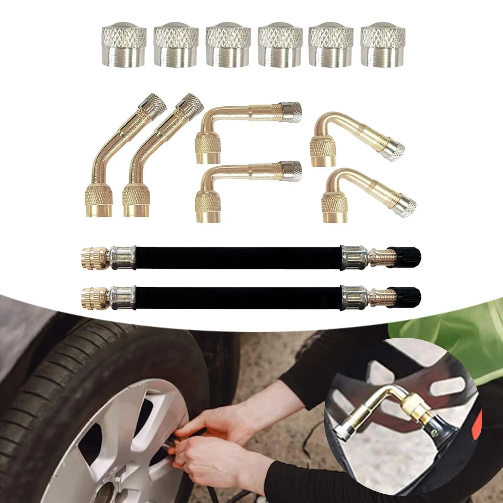 Tire Valves Extender Inflator Tube Protection Cap Kit Polished Metal Extension Hose for Standard American Cars