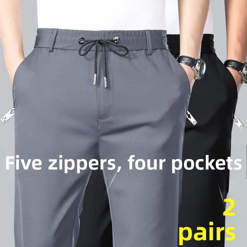 

Busin Casual Ice Silk Elastic Waist Men's Pants Anti-Wrinkle No-Iron Straight Leg Paul Sle Summer Long Trousers