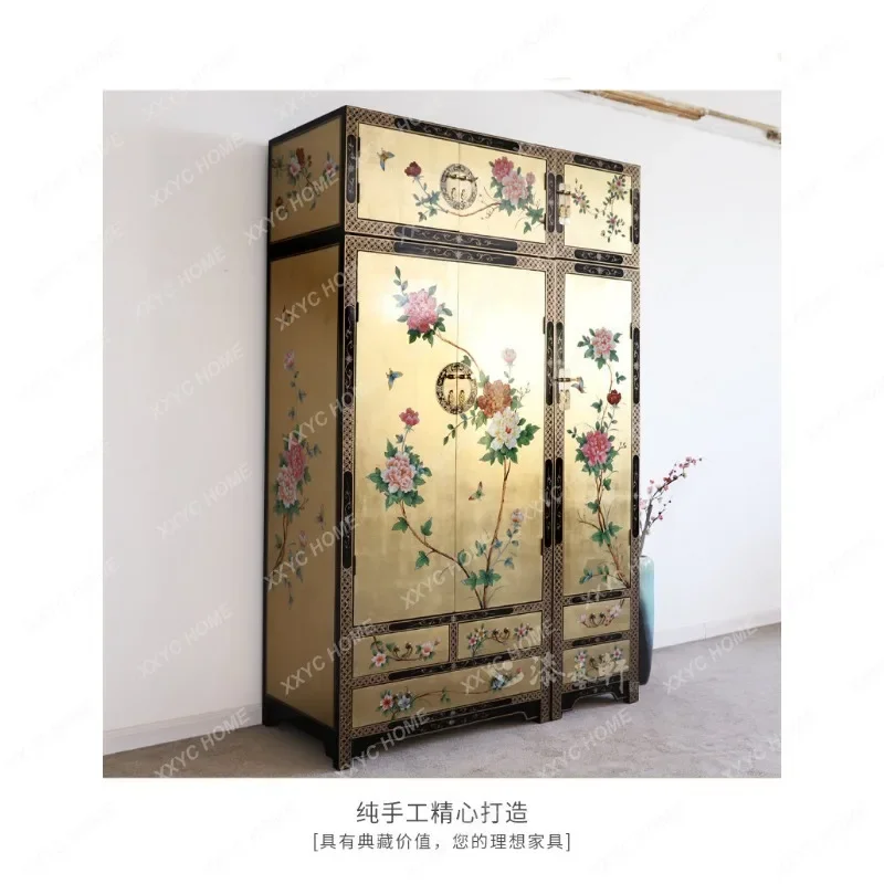 Classical traditional gold foil hand-painted bedroom wardrobe ming style decorative cabinet furniture solid wood