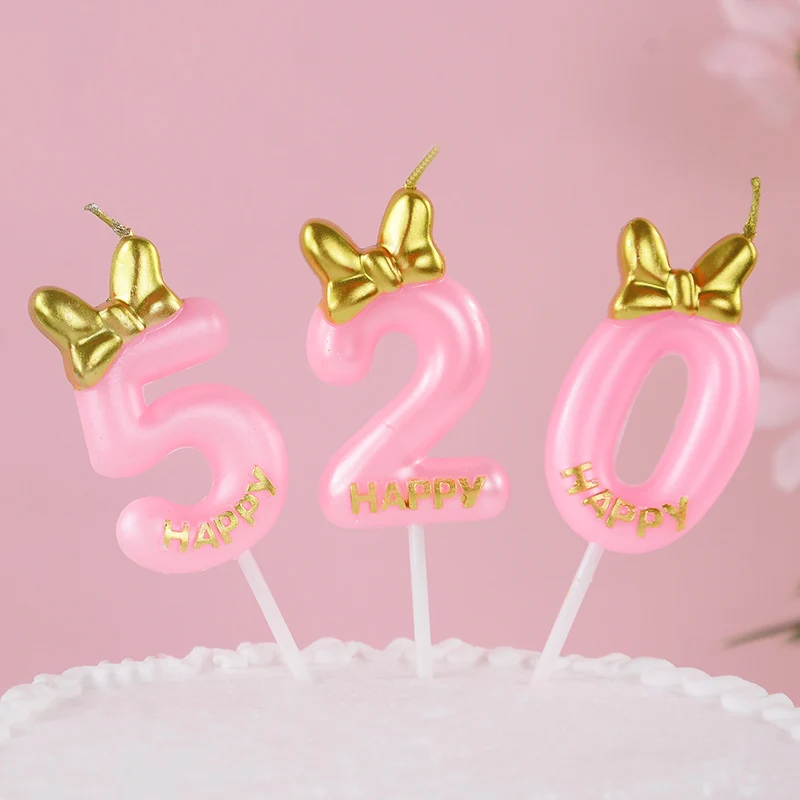 Pink Bow Digital Candle Girl Happy Birthday Party Cake Topper Baking Celebration Anniversary Party Decoration Supplies