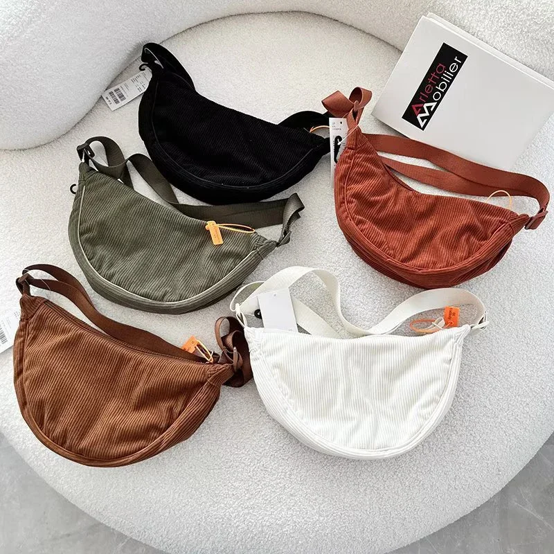 Striped Corduroy Bags Simple Zipper Women Crossbody Shoulder Bag Eco Cloth Purse Solid Handbags for College Girls Dropshipping