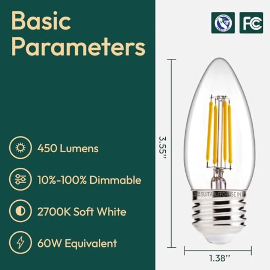6 Pack Chandelier Light Bulbs 60W Equivalent, E26 Edison Bulb, 450LM Dimmable LED Light Bulb, 2700K Soft White, B11 Type, 4.5W,