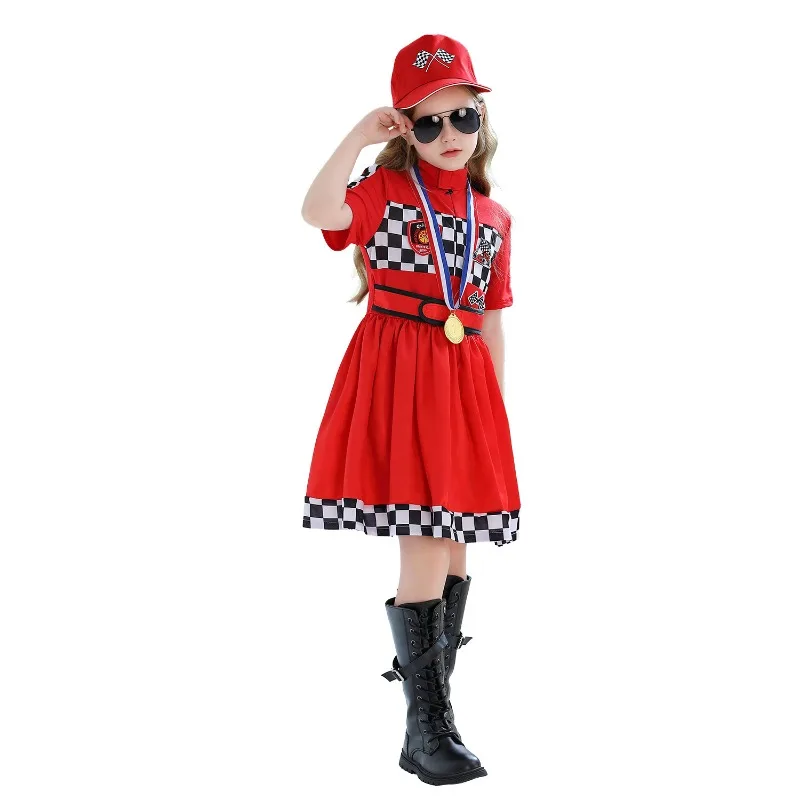 الأطفال الفتيات بدلة سباق فستان وقبعة نظارات العلم ميدالية سباق سائق لعب الأدوار زي التشجيع موحدة #4
