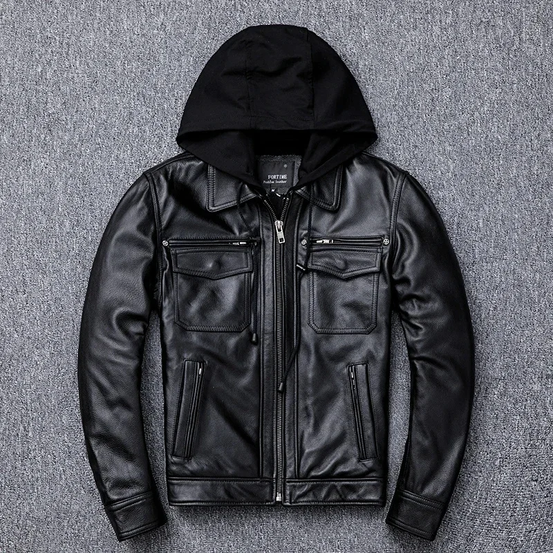 

Autumn Spring Men's First Layer Cowhide Motorcycle Coat Black Hooded Genuine Jacket Men Real Cow Leather Jackets 5XL 6XL