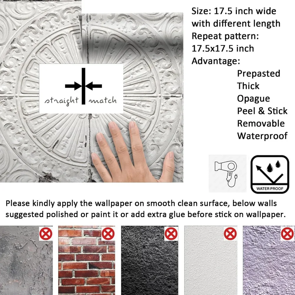 ورق جدران عتيق قابل للتقشير واللصق، 17.5 × 591 ورق حائط عتيق باللون الأبيض المتعثر، ذاتي اللصق، بلاط مربع للمنزل