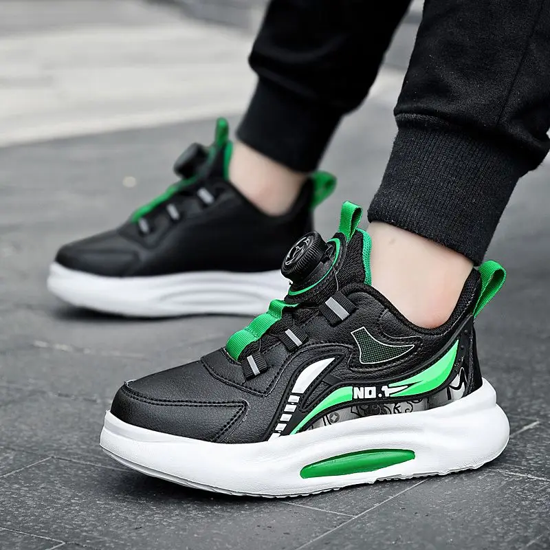 

Boys Waterproof Rotating Buckle Sneakers Leather Soft Sole Anti Slip Big Kids Running Shoes for Autumn Winter
