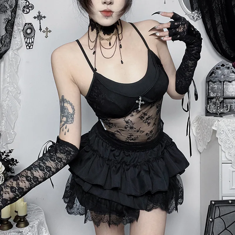 2026 New Retro Gothic Mesh Camisole Women Aesthetic Vintage Sexy See Through Cross Crop Tank Tops Emo Alternative Grunge Clothes