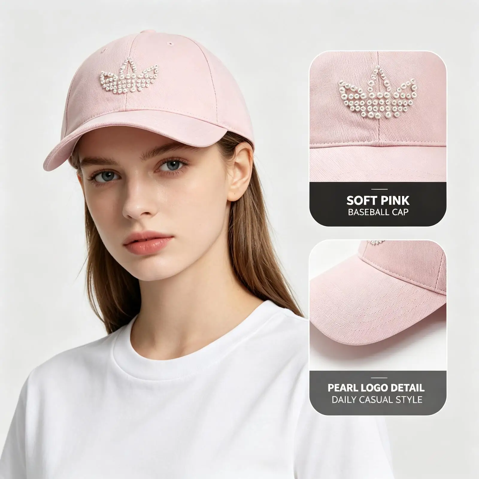 Hot Adidas Originals Women Baseball Cap KZ0754 Cotton Rhinestone Trefoil Logo One Size Casual Daily Hat Light Pink