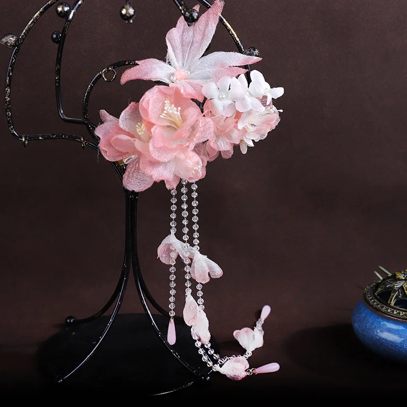 Luck Bracelet Hand String Antique New Chinese Style Pink Flower Tassel Headwear Hairpin Antique Hanfu Simulation Atmosphere Hair