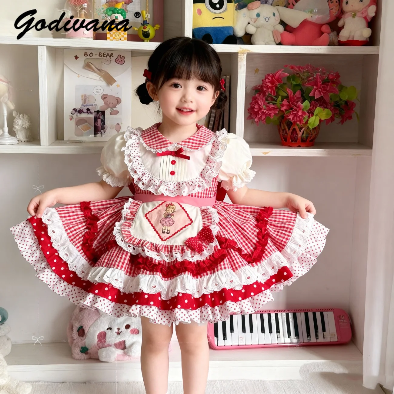 

Cute Girls 2026 Summer New Lolita Princess Dress Kids Sweet Cartoon Bow Plaid Lace Trim Puff Sleeve Birthday Party Tutu Dresses