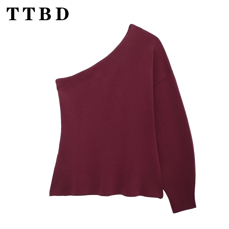 TTBD 2024 Winter New Female Chic Long Sleeve Knitted Pullover Sweater Casual Autumn Woman Shoulder Crop Top Jumper asymmetrical