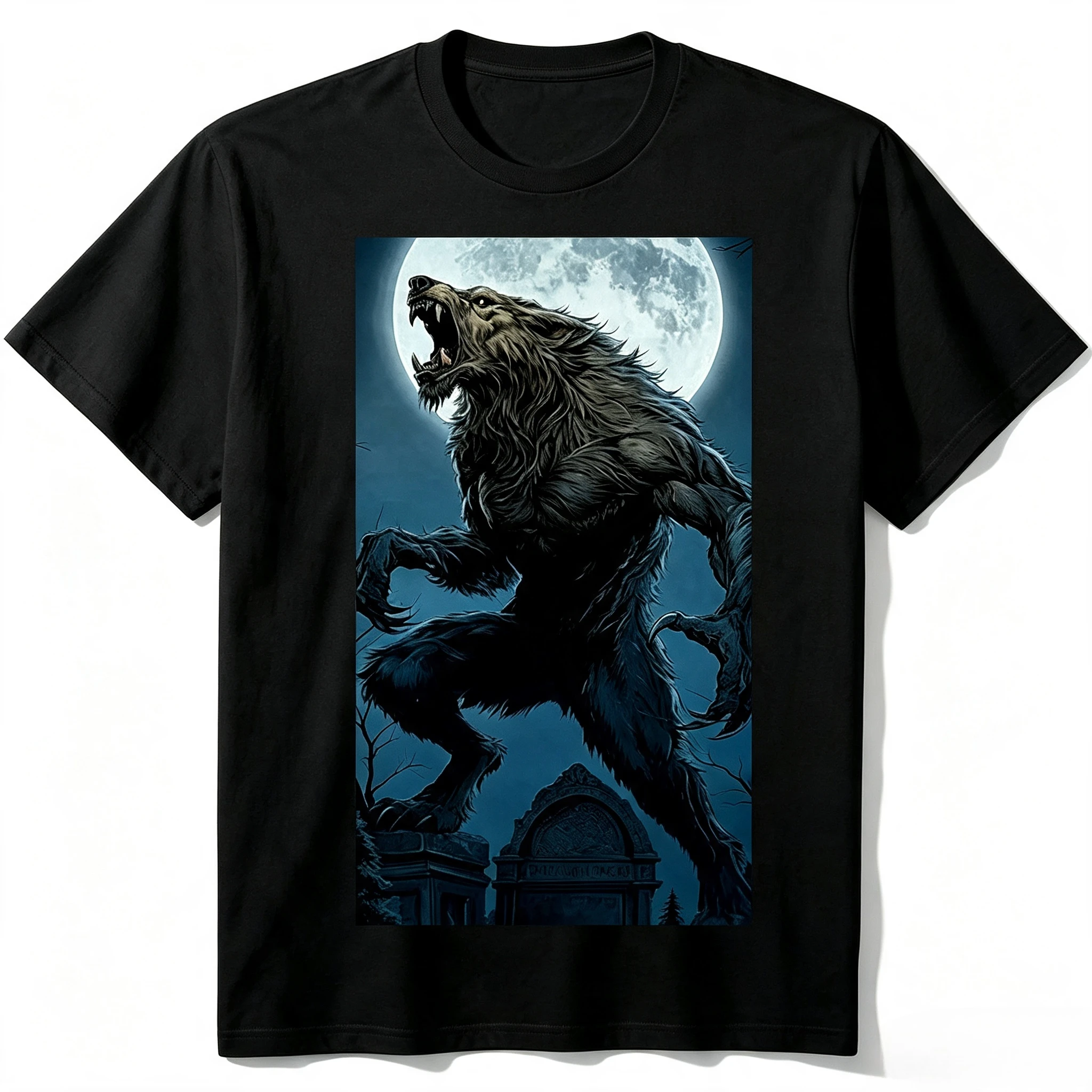Men's Short Sleeve T‑shirt Werewolf Howling At Full Moon Graveyard Graphic Top for Halloween Horror Party Gathering Men Clothing