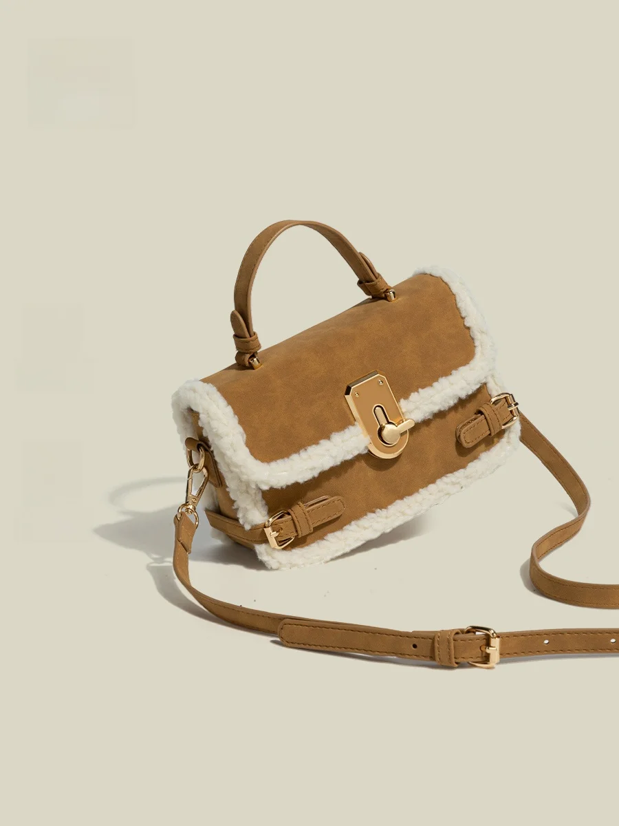 

Retro Lamb Fur Patchwork Small Square Bag Women's New 2026 Spring Versatile Shoulder Crossbody Bag High-End Feelings