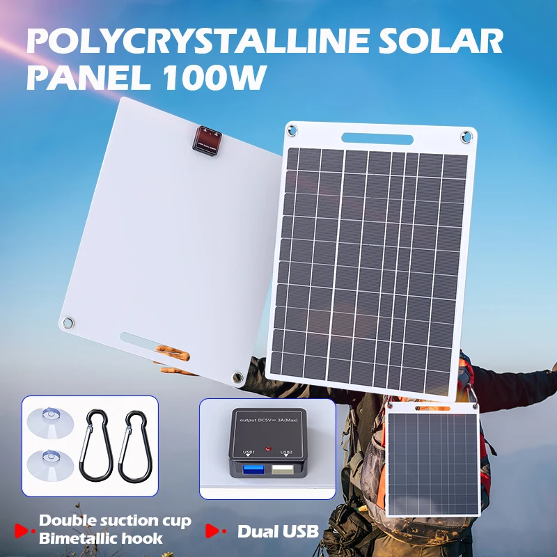 100W Portable Solar Panel With Two USB Suitable For Mobile Phone Charging Outdoor Camping Power Bank Supply Consumer Electronics