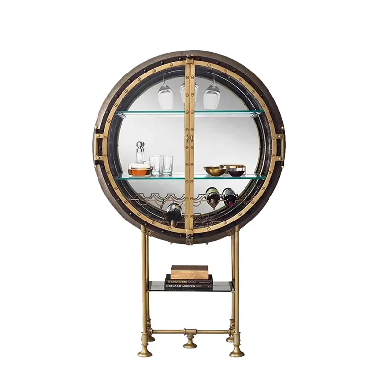Stainless steel round high-end wine cabinet villa living room retro dining side cabinet light luxury wall locker
