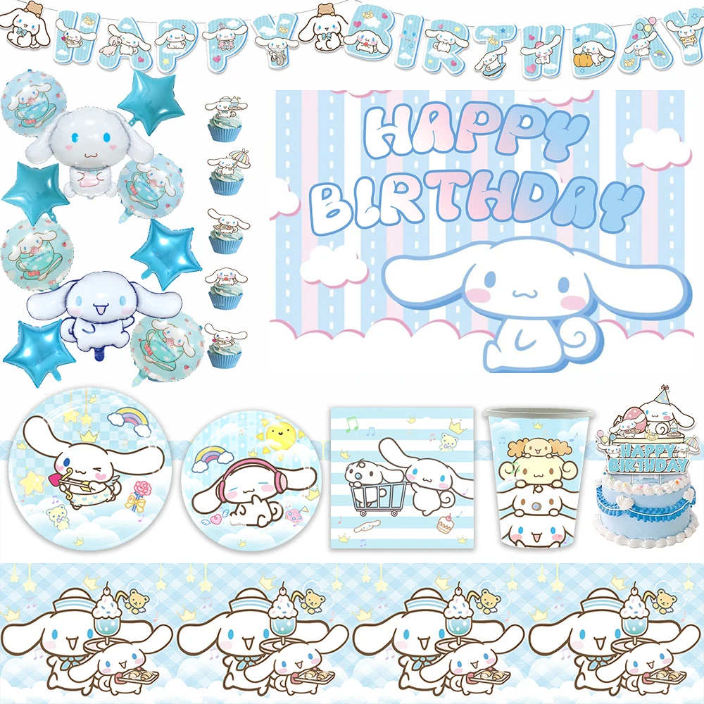 

Cartoon Cinnamoroll Kids Birthday Party Disposable Tableware Plates Balloon Banner Background Decor Supplies Baby Shower Gifts