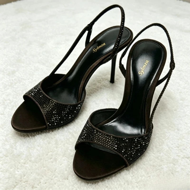 Luxury Rhinestone Detail Slingbacks High Heels Women Sexy Peep Toe Pointed Toe Sandals for Ladies Elegant Elastic Designer Shoe