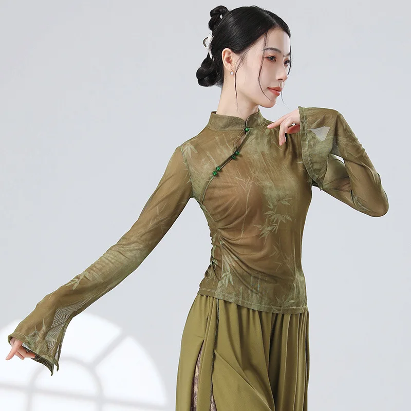 UMI MAO Chinese New Chinese Top Slim Classical Dance Ink Painting Mesh Improved Cheongsam Flared Sleeve Modern Dance Tops