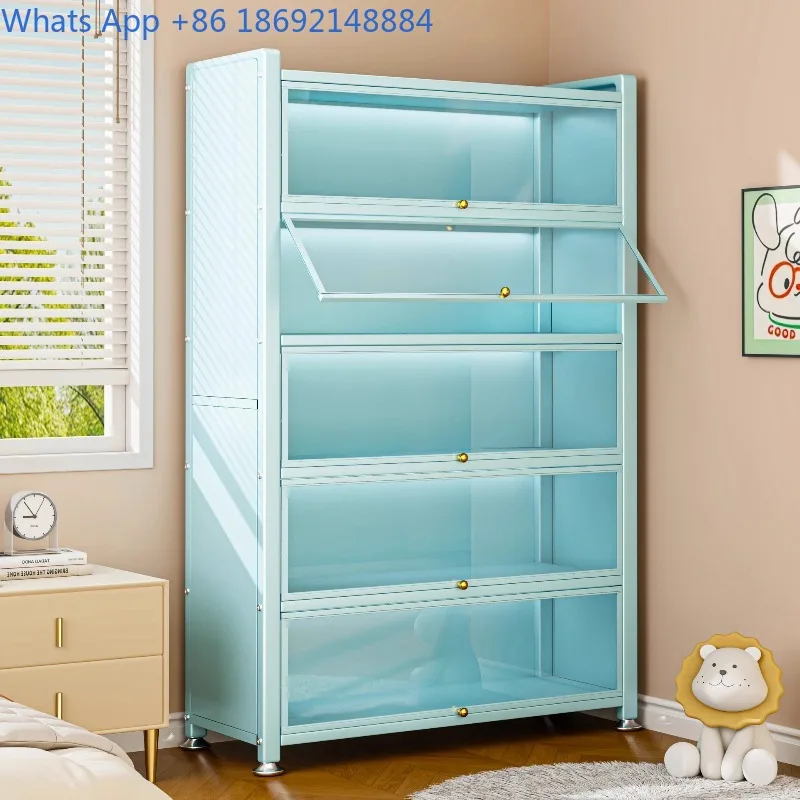 Estante de piso de aço com portas de vidro para sala de estar, armário de exibição à prova de poeira para estatuetas, armário de armazenamento de ferro