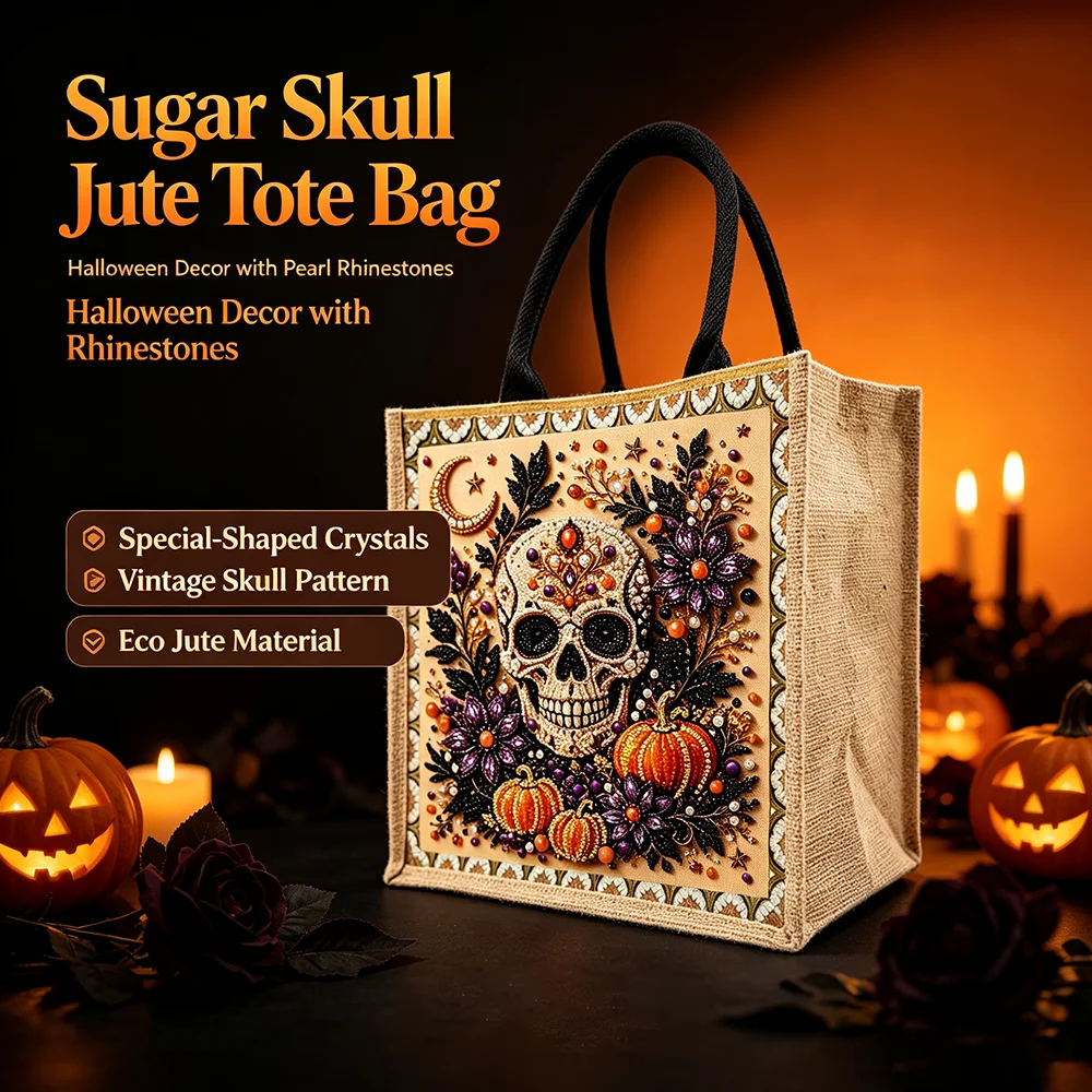 Reusable Jute Shopping Tote Bag Halloween Sugar Skull Pearl Rhinestone Diamond Painting Handbag Large Capacity Shoulder Gift Bag