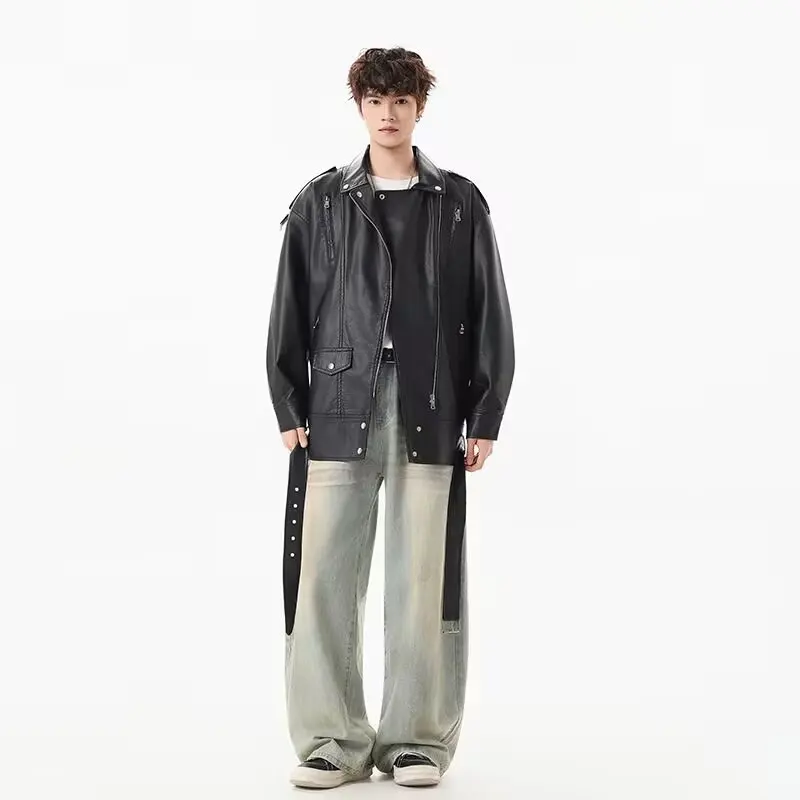 

Американские ретро уличные свободные мотоциклетные байкерские черные куртки из искусственной кожи с поясом, весенне-осеннее мужское пальто на молнии, верхняя одежда