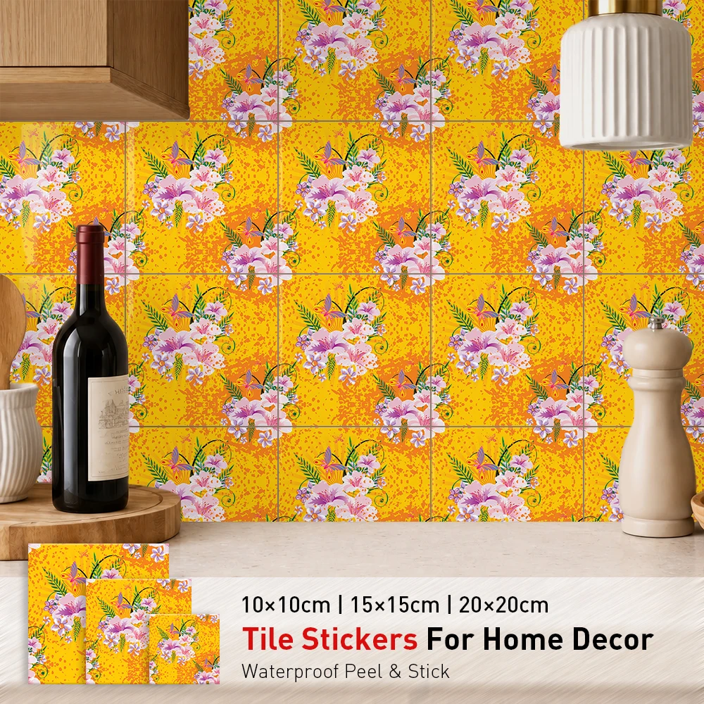 Pink Peonies Tile Stickers Waterproof Peel and Stick Self Adhesive Oil Proof Backsplash Decals Floral Wallpaper for Sunset Lodge