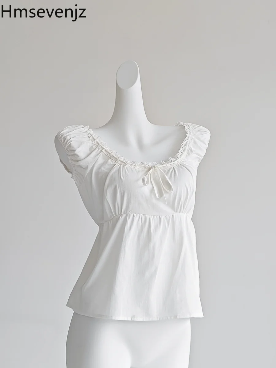 

Hmsevenjz White Bow Lace Bubble Sleeve Shirt Women's Summer Pure Sexy Ballet Style Slim Fit Short Shirt Fashion Female Clothes