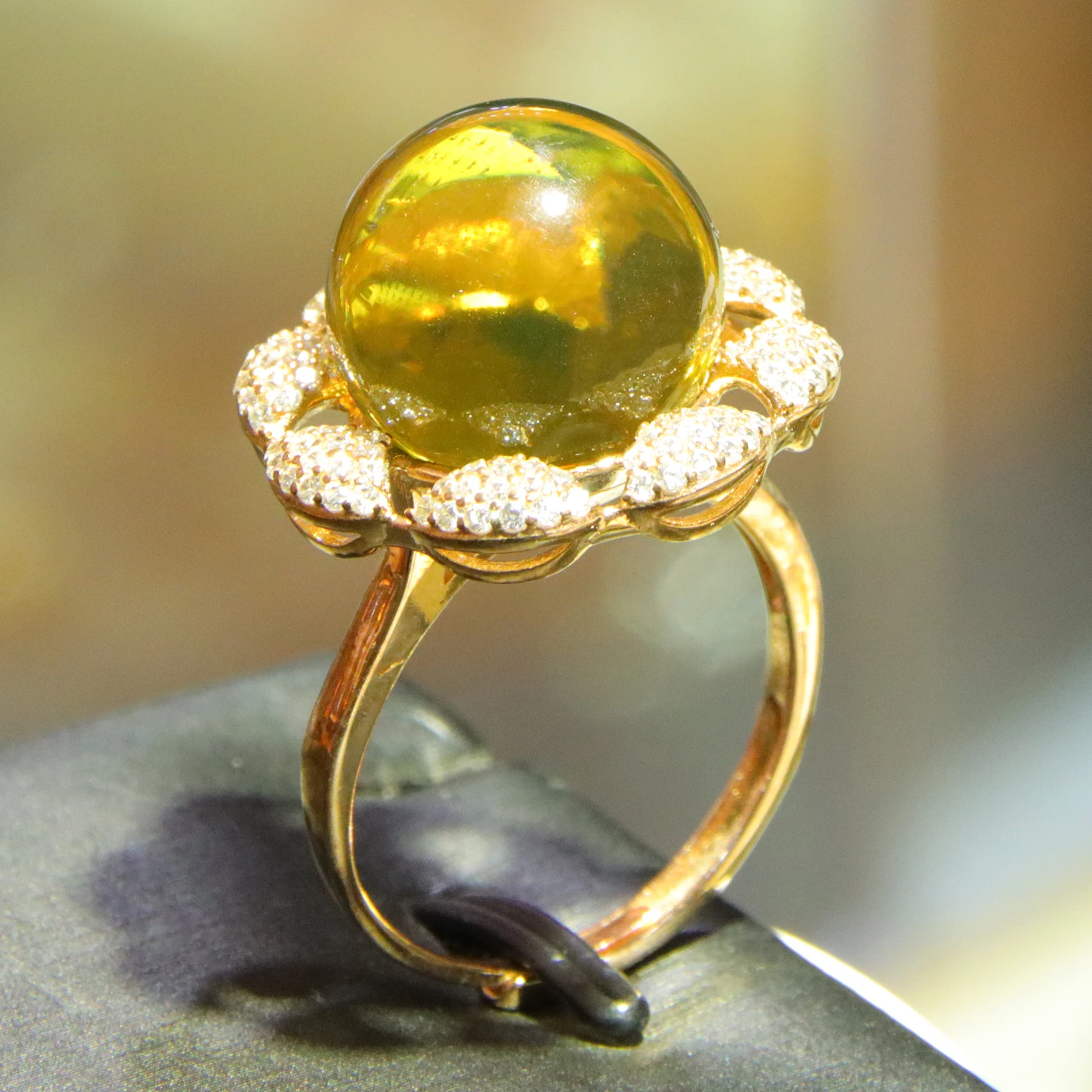 

Natural Mexican Blue Amber Sterling Silver Ring with Zircon Flower Design 13.6mm Round Bead Gemstone Jewelry Gift for Women