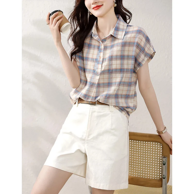 Turn-down Collar Summer Women\'s Clothing Chiffon Cardigan Plaid Striped Button Short Sleeve T-shirt Casual Colorful Retro Tops