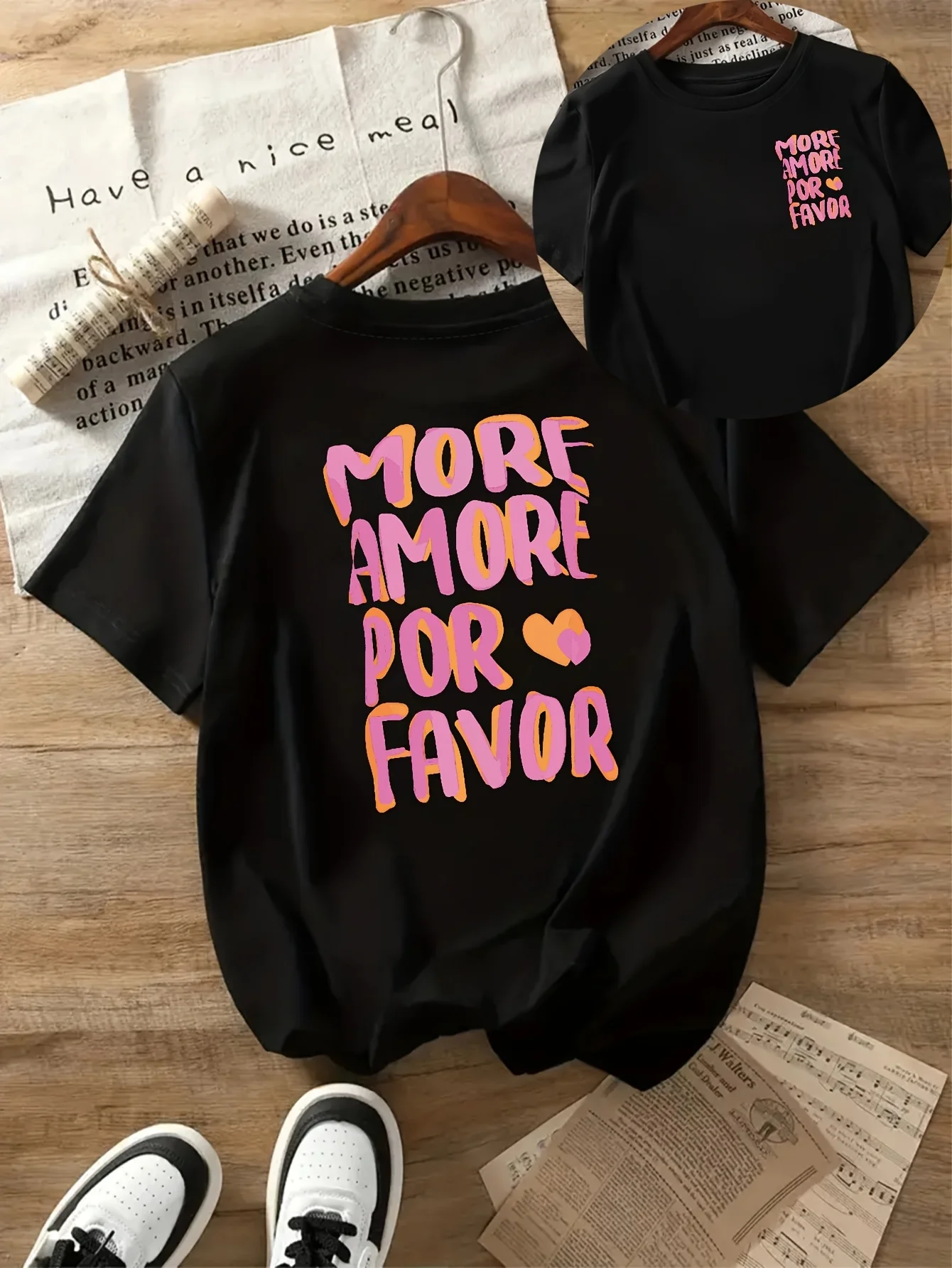 MORE AMORE POR FAVOR Women's Casual Short Sleeve Crew Neck T-Shirt Pink Print with Hearts Harajuku Short Sleeve Casual