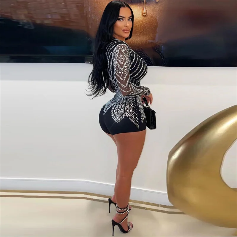 Luxury Black Rhinestones Bodycon Romper for Women Long Sleeve Deep V-neck Elegant Playsuit Night Clubwear Short Jumpsuit Saprkly