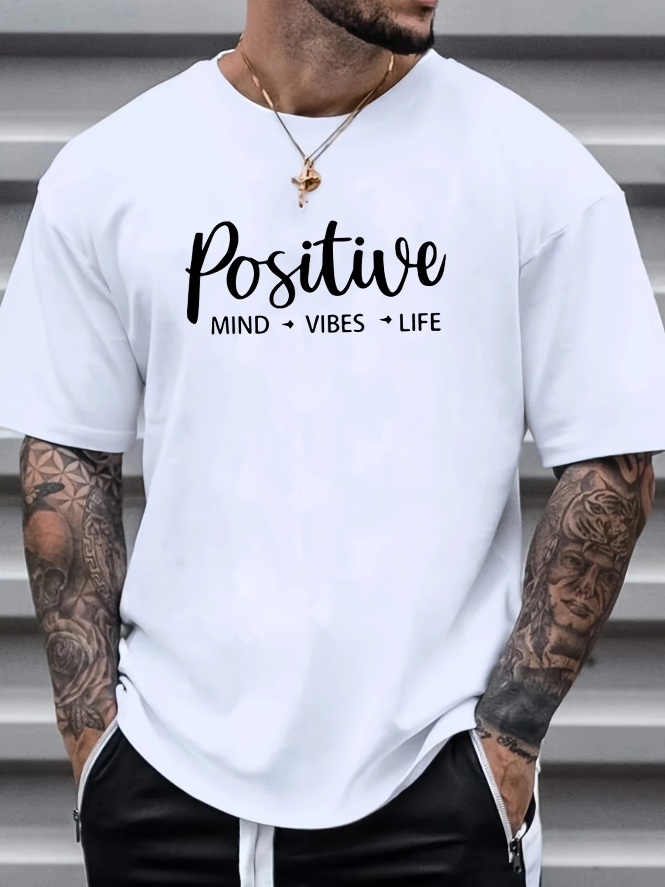 100% de algodón para hombre, camiseta informal holgada con estampado positivo y cuello redondo de manga corta, Tops informales con estampado de letras para verano