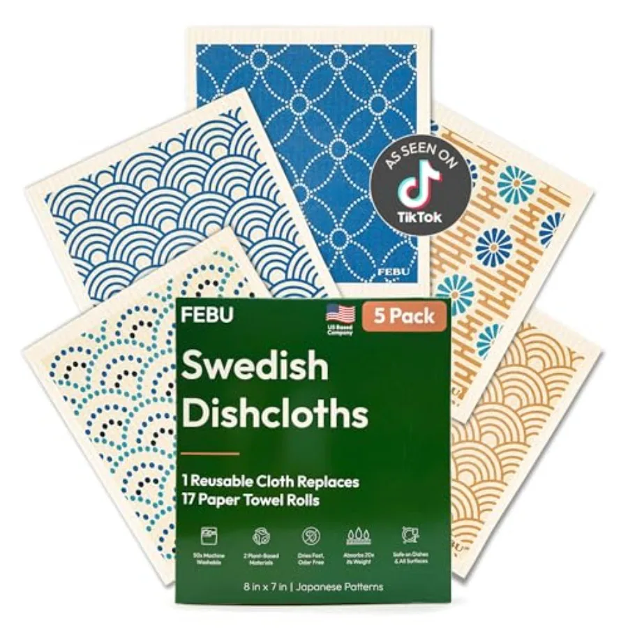 

Swedish Dishcloths for Kitchen 5 Pack Reusable Paper Towels Washable Swedish Dish Towels Non-Scratch Cellulose Sponge Cloths No