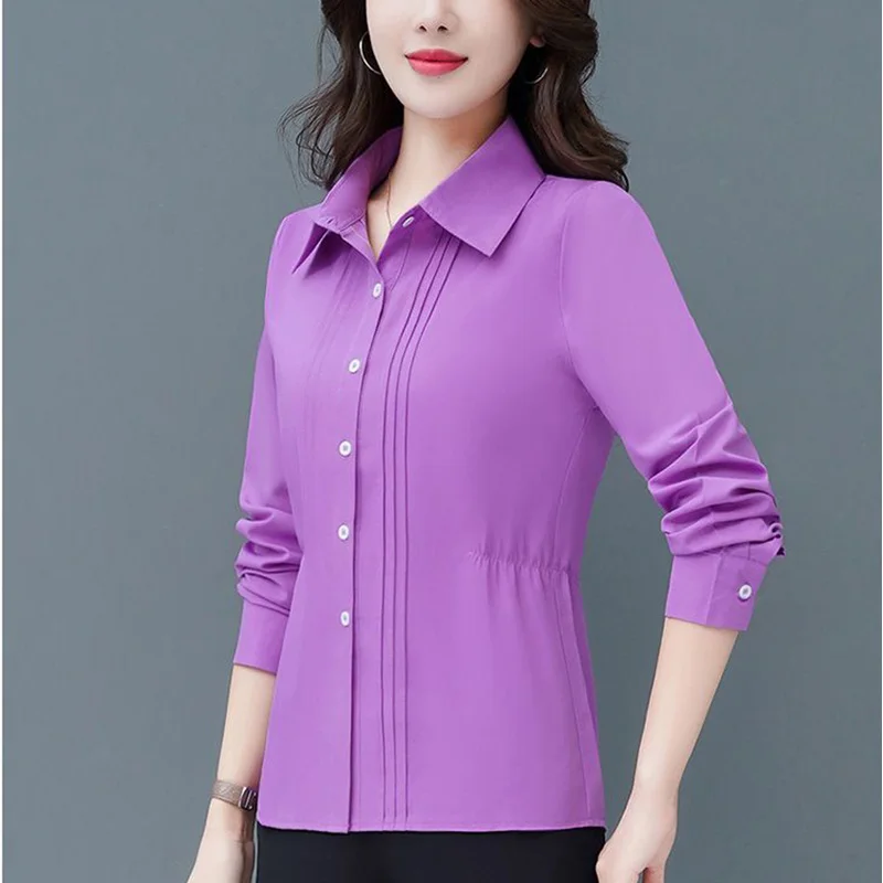 Camisa de dobras soltas emendadas para mulher, blusa de senhora do escritório, tops casuais, grandes dimensões, monocromática, nova moda, roupas de