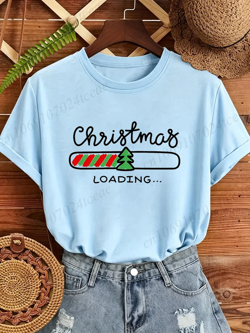 Weihnachts-T-Shirt für Damen mit Weihnachts-Loading-Progess-Bar-Aufdruck, Kurzarm, O-Ausschnitt, lässig, locker geschnitten, Weihnachts- und Feiertagsmotiv-Oberteil. – Detail 3