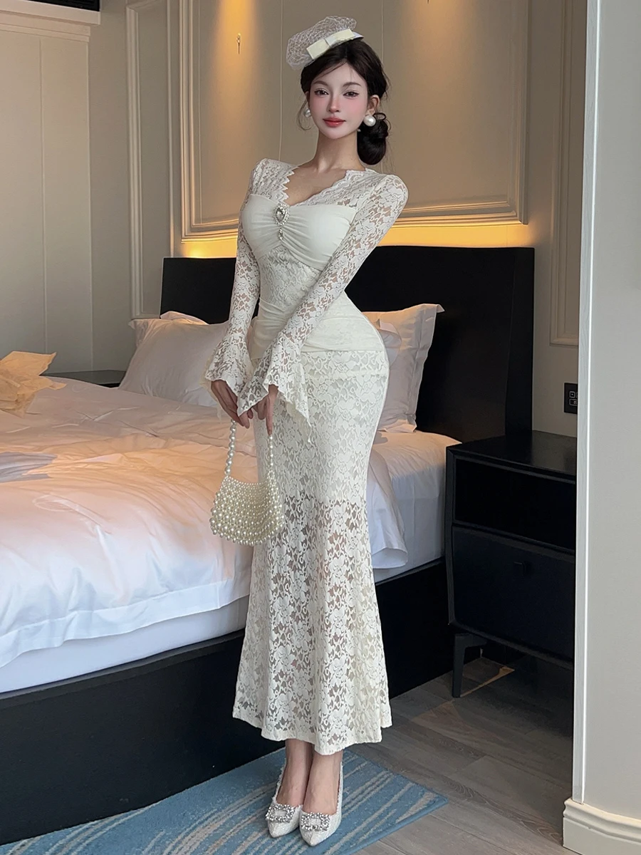 

Sexy Slim Fit Lace V-ne Bell Sve Dr High Waist Fi Tail Long Skirt Retro Lady Sle Gown for Date Autumn Wear