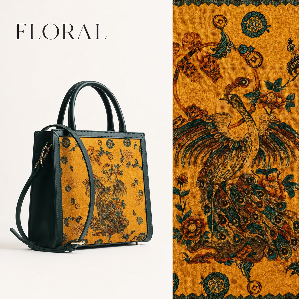 FLORAL Women's Luxury Mulberry Silk Genuine Leather Tote Bag Chinese Silk Printed Shoulder Crossbody Handbag