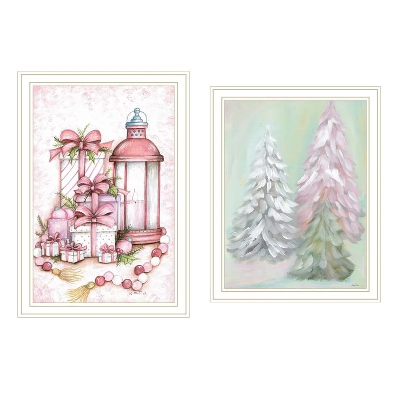 

Vignette Pink Candy Land Christmas Trees White Framed Wall Art Print for Living Room Bedroom Home Decor